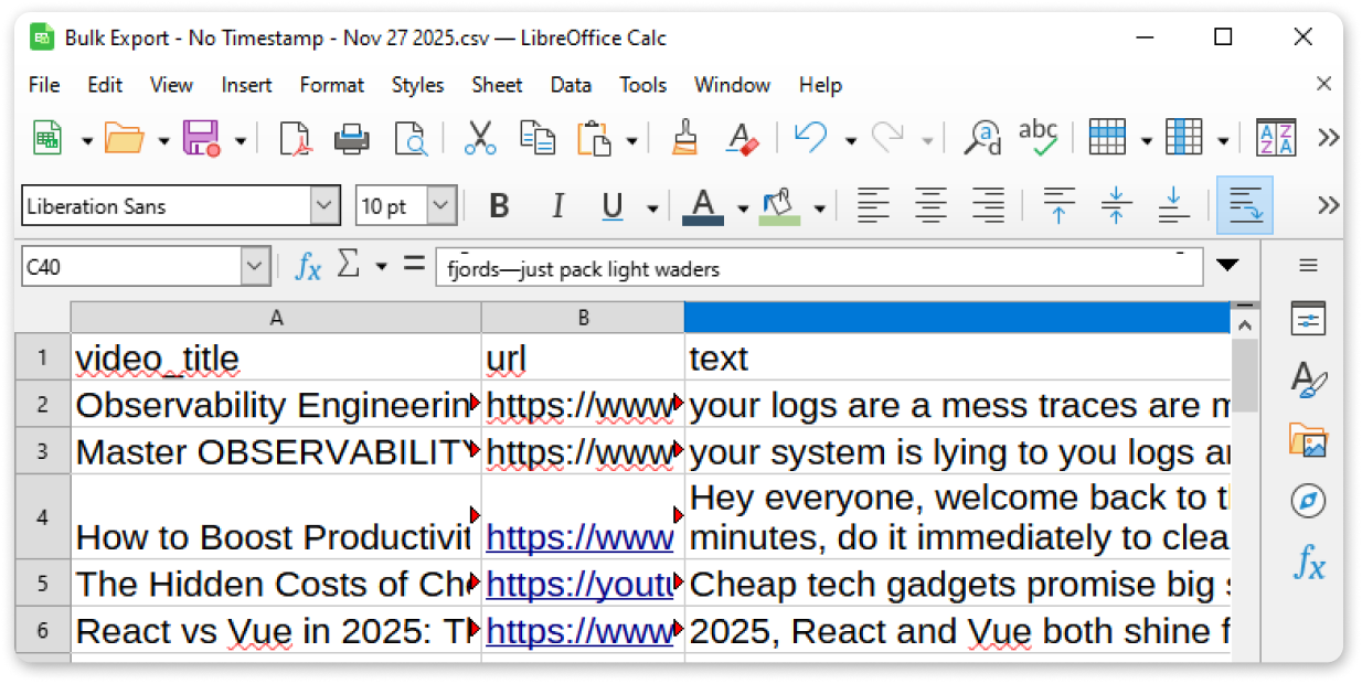 CSV transcript export format